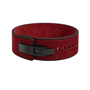 A wide red suede belt with a matte black metal buckle and black trim, shown on a plain white background.