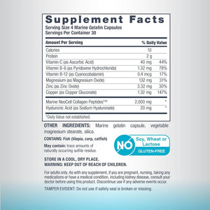 Bottle of Neocell Marine Collagen Peptides with Hyaluronic Acid 120 capsules back of pack