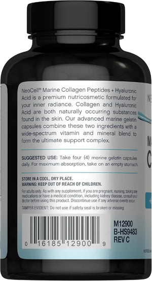 Bottle of Neocell Marine Collagen Peptides with Hyaluronic Acid 120 capsules back of pack3