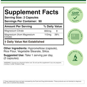 Double Wood Supplements, Magnesium Citrate 800 mg, 180 Capsules supplement fact