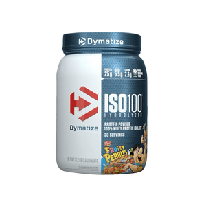 Dymatize ISO 100 protein powder container with Fruity Pebbles flavor on a white background