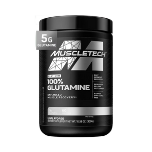 MuscleTech 100% Glutamine supplement container on a white background 60 servings unflavored