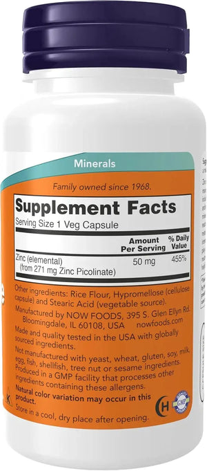 Now Foods Zinc Picolinate back of pack