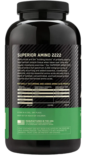 Optimum Nutrition Superior Amino 2222 Energy & Muscle Recovery Support, 160 tablets back of pack