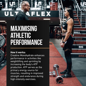 Person in a gym setting with promotional text about athletic performance and creatine monohydrate.