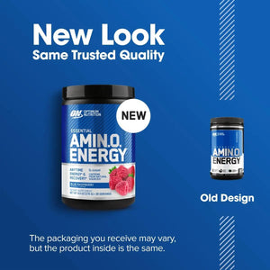 Optimum Nutrition Amino Energy supplement with new and old packaging design on a blue background.
