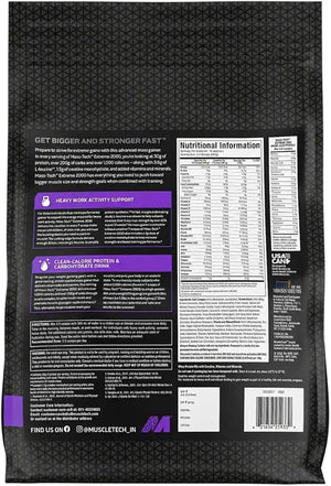Nutritional label on a supplement package with text and a barcode for muscltech mass tech