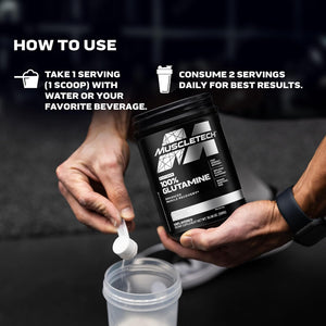 Person using a Muscletech glutamine supplement with instructions on how to use it.