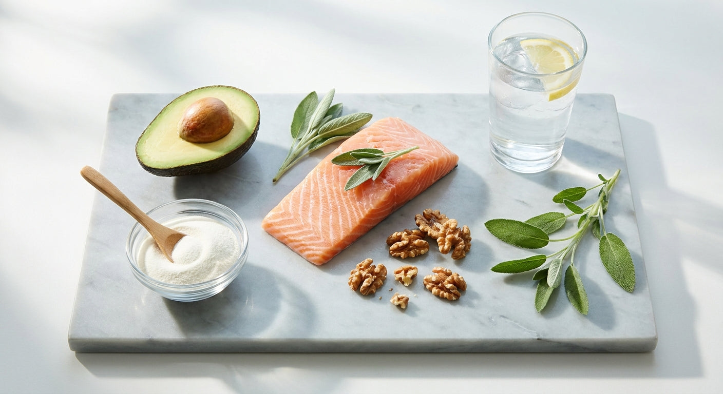 A flat lay editorial arrangement of nutrient-rich foods including salmon, avocado, walnuts, and collagen powder on a light stone surface under soft natural light.