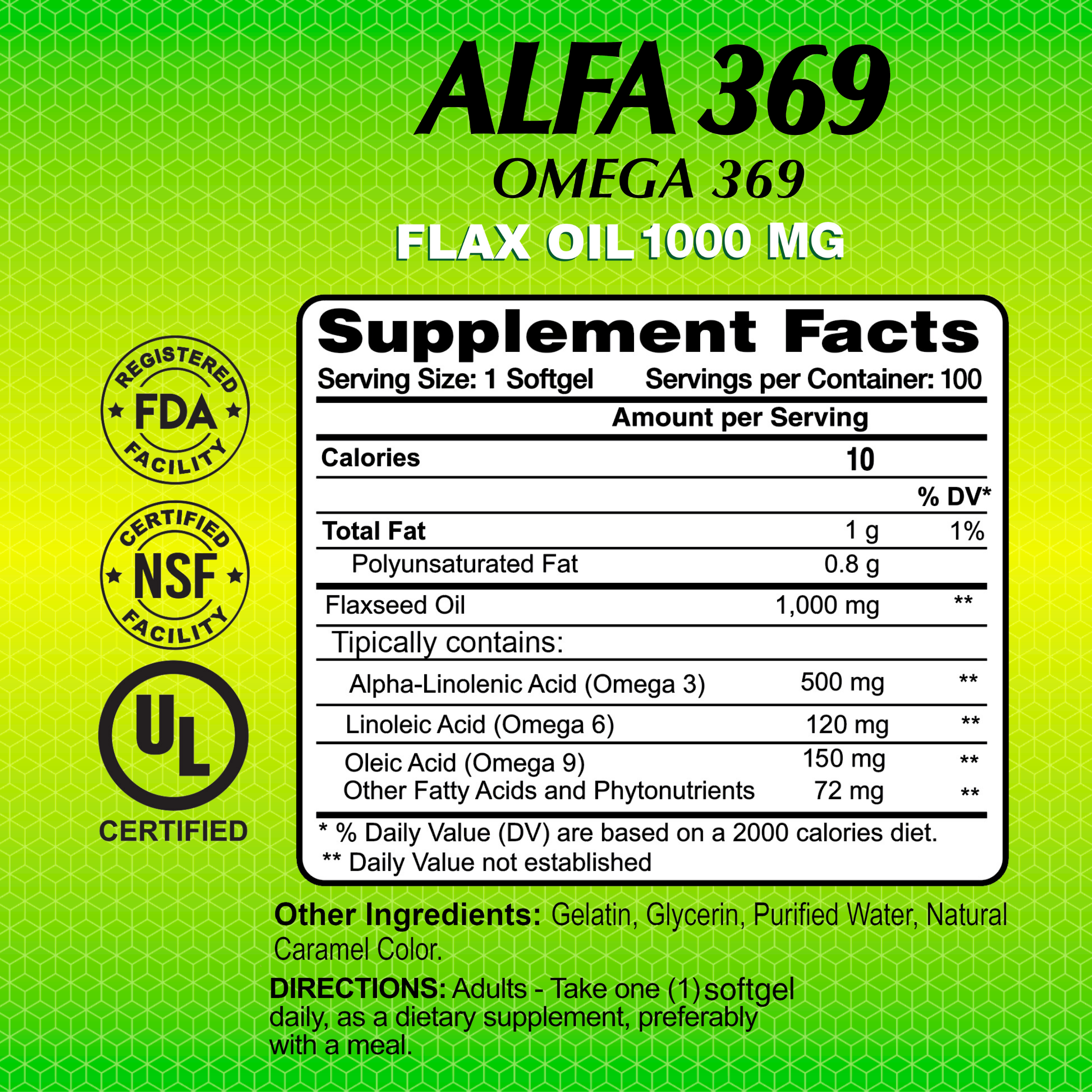 Alfa Vitamins Store Alfa 369 Flax Oil Supplement 1000 mg 100 Softgels
