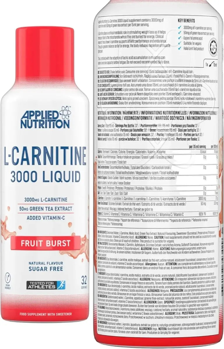 Applied Nutrition L Carnitine 3000 Liquid, Vegan, sugar free (480ml - 32 Servings) - KleanSource