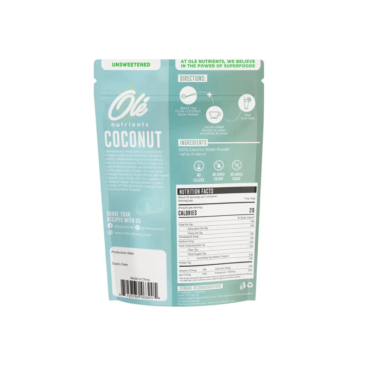 Ole Nutrients, Coconut Water Powder 100g - 42 Servings - KleanSource