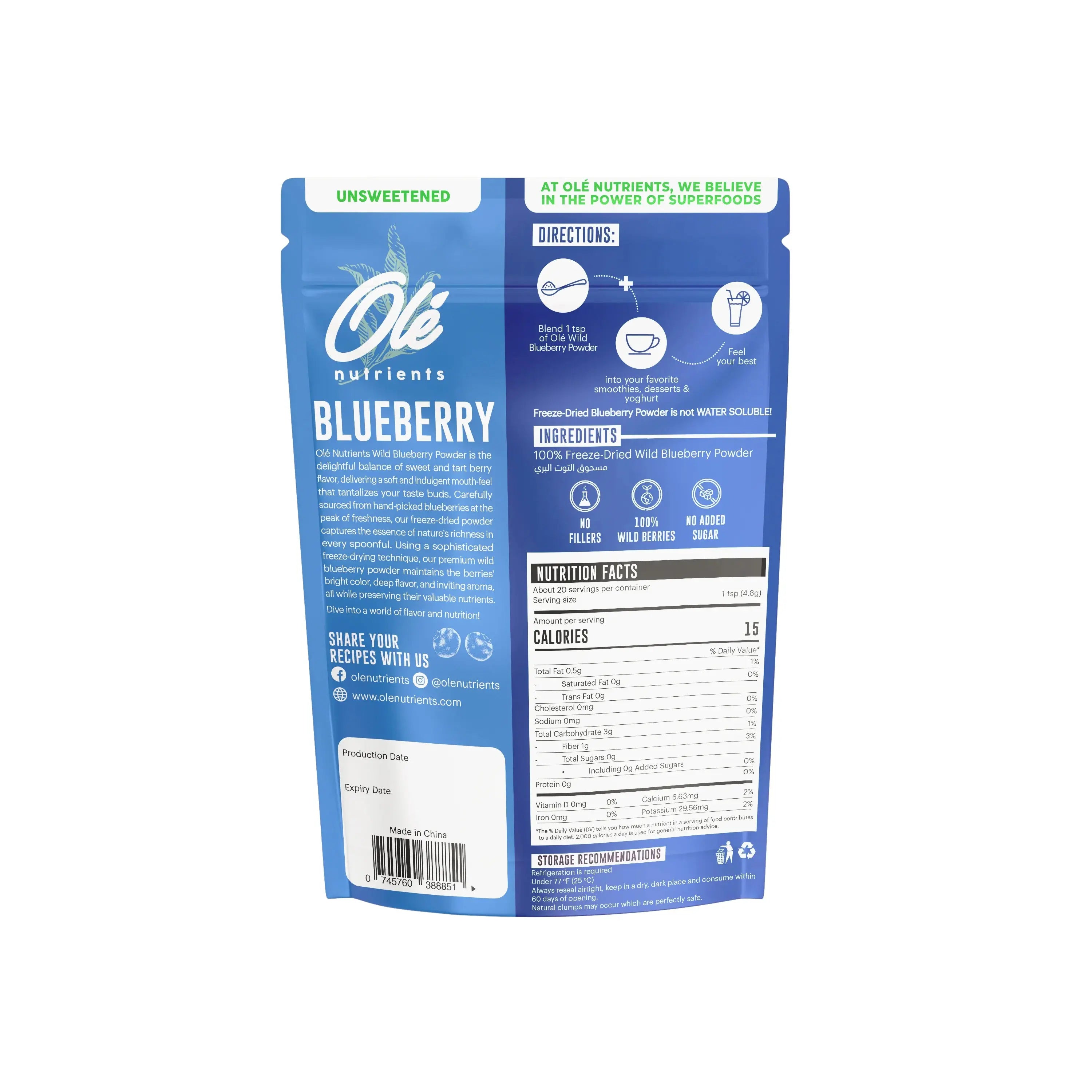 Ole Nutrients, Organic Wild Freeze-Dried Blueberry Powder 100g Ole Nutrients