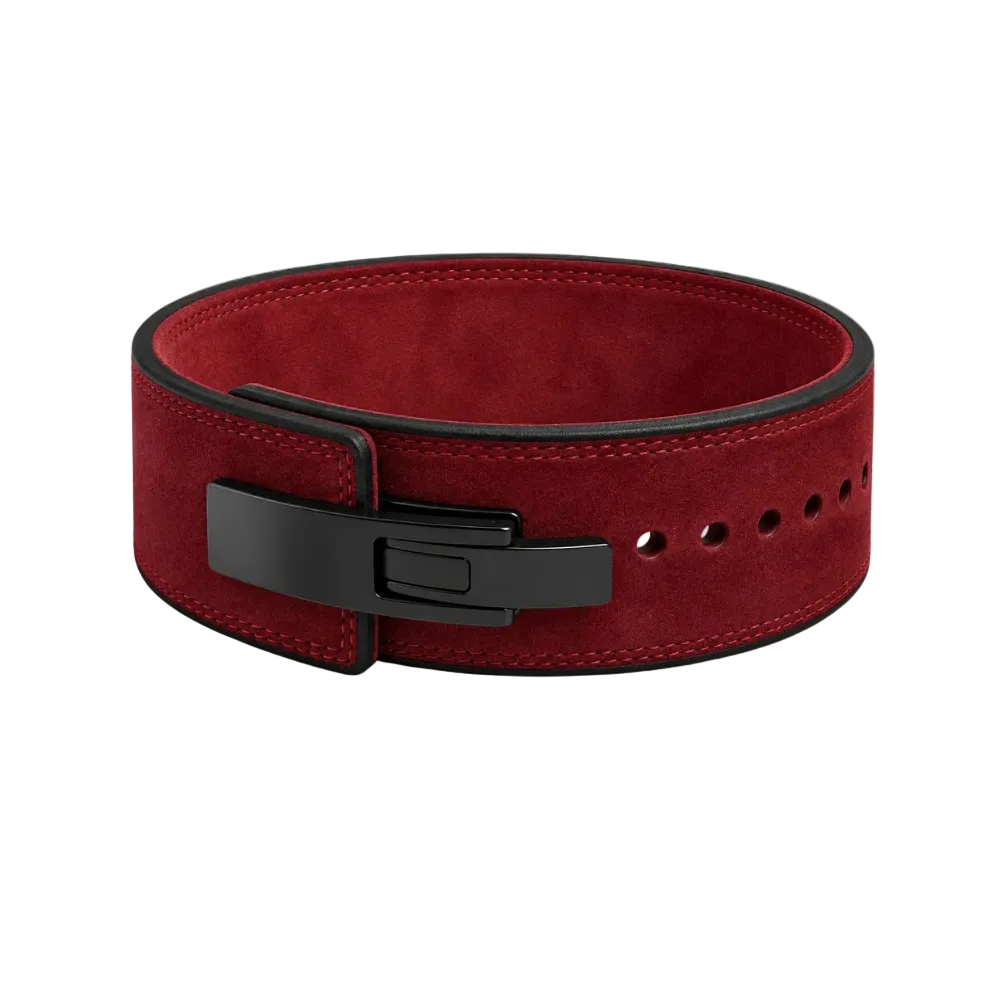 A wide red suede belt with a matte black metal buckle and black trim, shown on a plain white background.