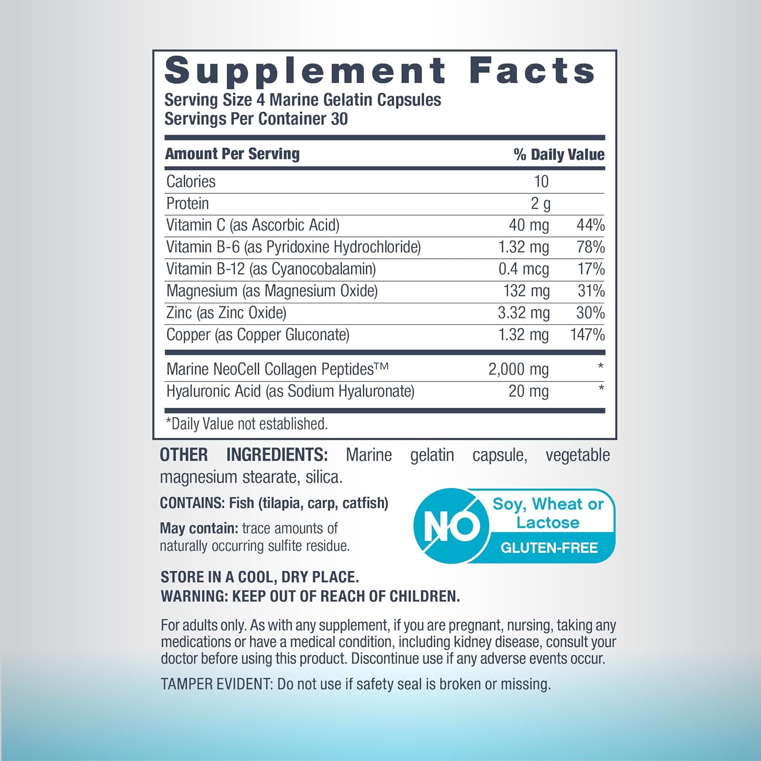 Bottle of Neocell Marine Collagen Peptides with Hyaluronic Acid 120 capsules  back of pack