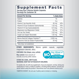 Bottle of Neocell Marine Collagen Peptides with Hyaluronic Acid 120 capsules  back of pack