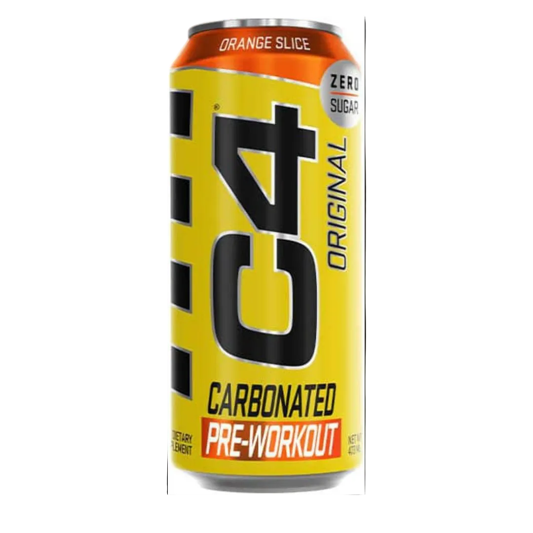 C4 Original Carbonated Pre-Workout energy drink can on a white  strawberry orange slice