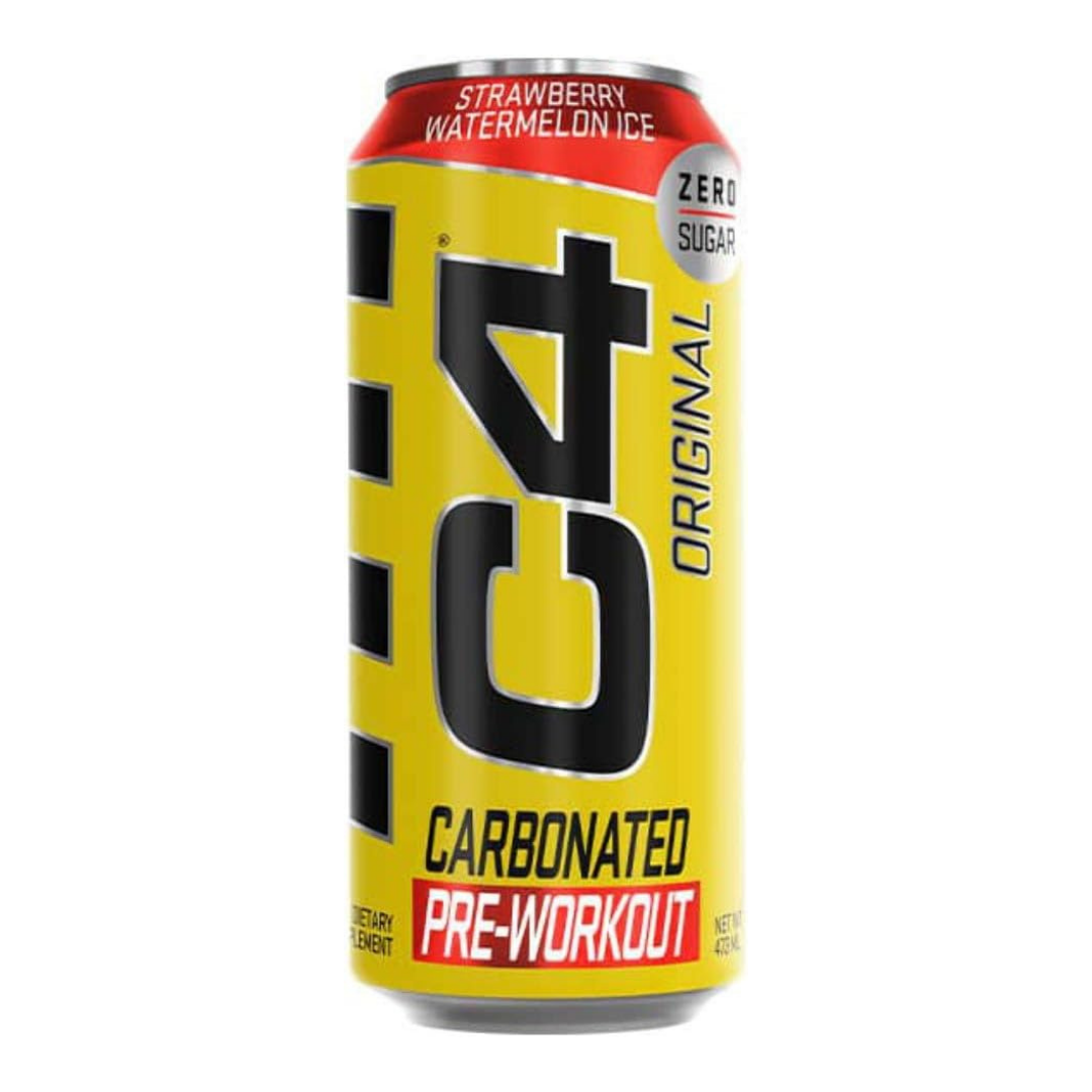 C4 Original Carbonated Pre-Workout energy drink can on a white  strawberry watermelon ice