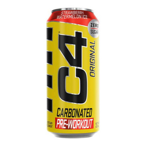 C4 Original Carbonated Pre-Workout energy drink can on a white  strawberry watermelon ice
