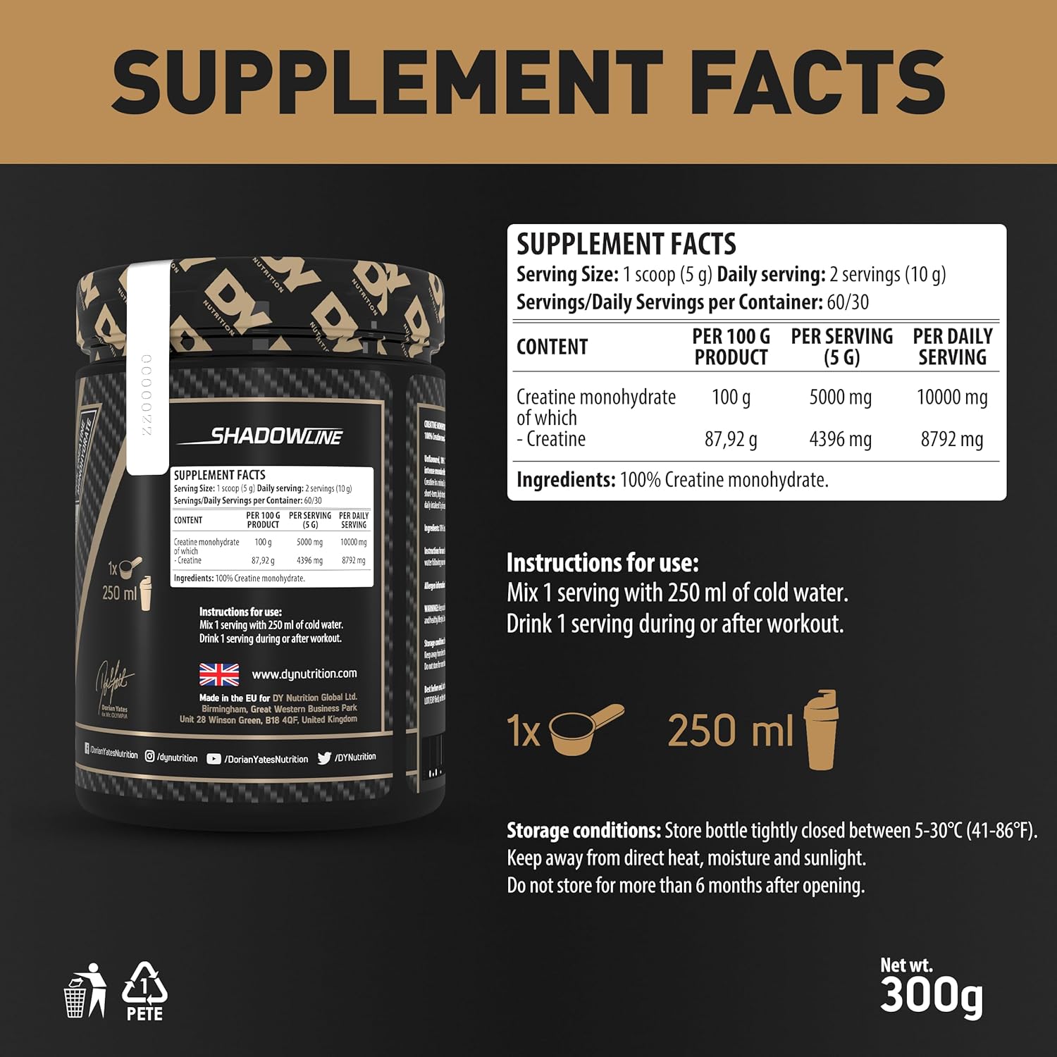 DY nutrition creatine monohydrate 300g  back of pack