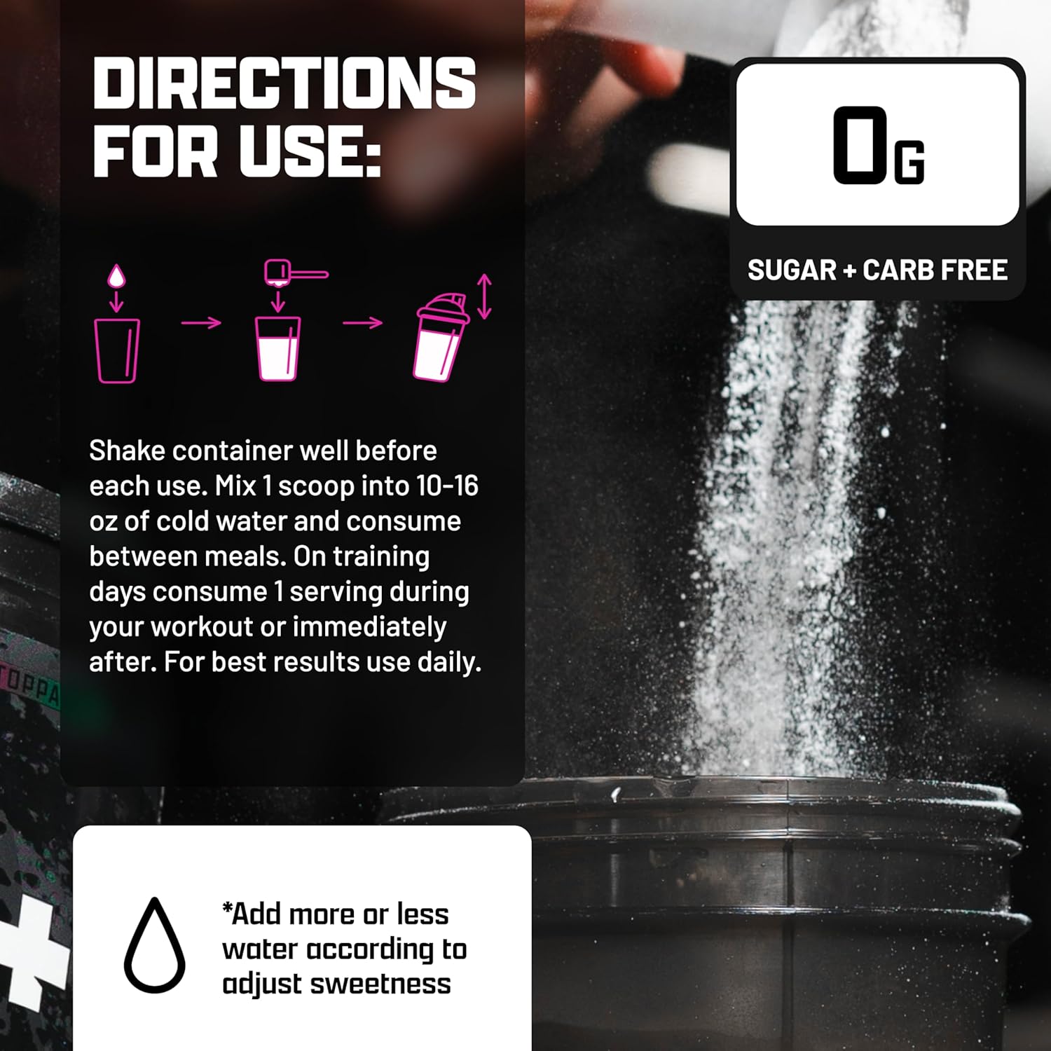 Directions for use of a powdered supplement with a container in the background 