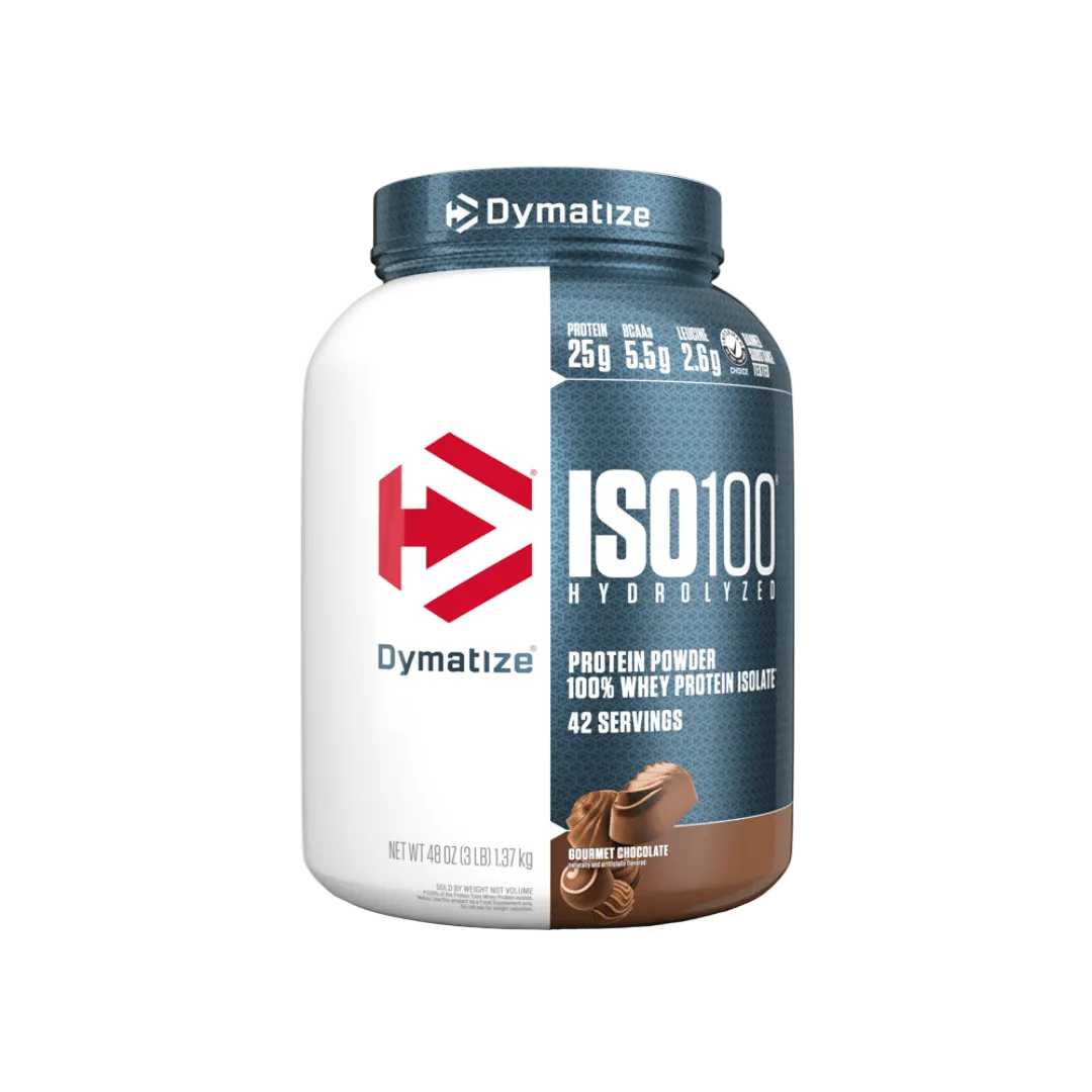 Dymatize ISO100 Hydrolyzed protein powder container on a transparent background