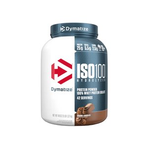 Dymatize ISO100 Hydrolyzed protein powder container on a transparent background
