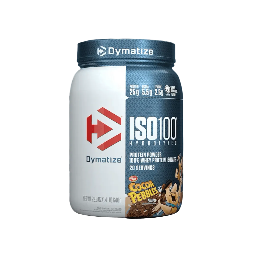 Dymatize ISO 100 protein powder container with Cocoa Pebbles flavor on a transparent background
