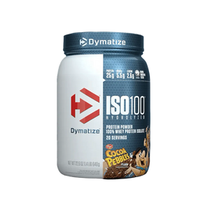Dymatize ISO 100 protein powder container with Cocoa Pebbles flavor on a transparent background
