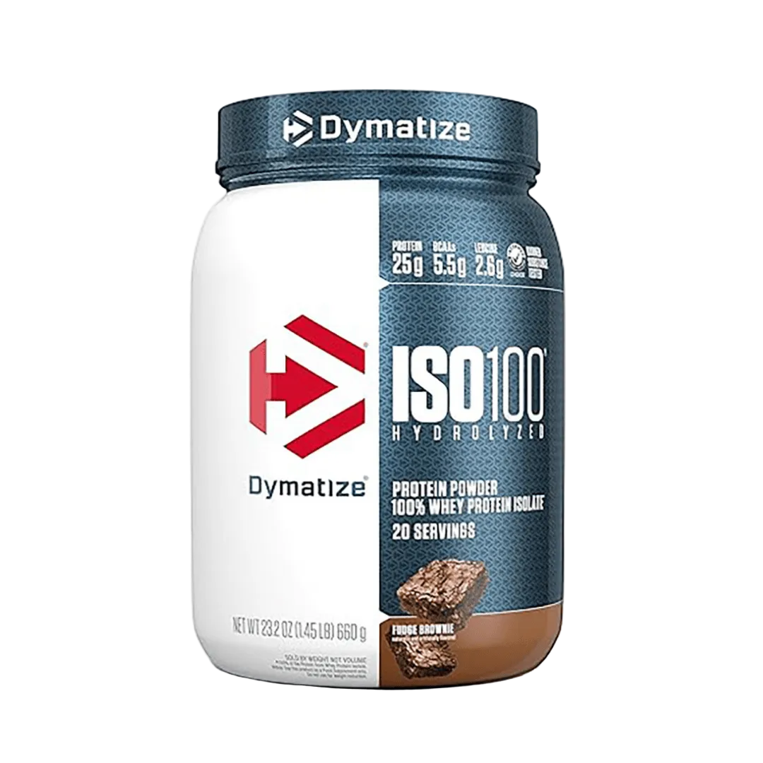 Dymatize ISO 100 protein powder container on a transparent background fudge brownie