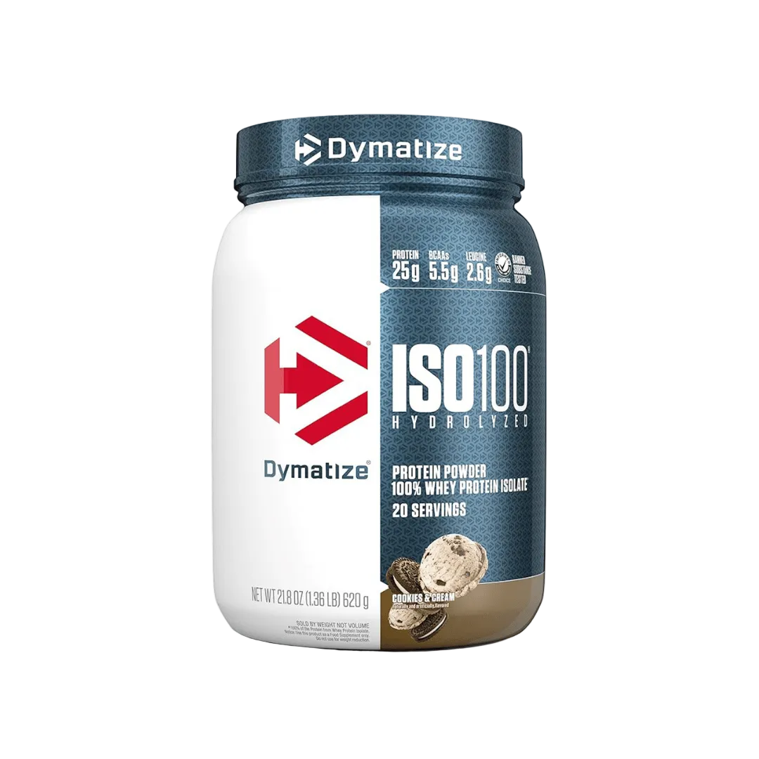 Dymatize ISO 100 protein powder container on a transparent background cookies and cream 20 servings