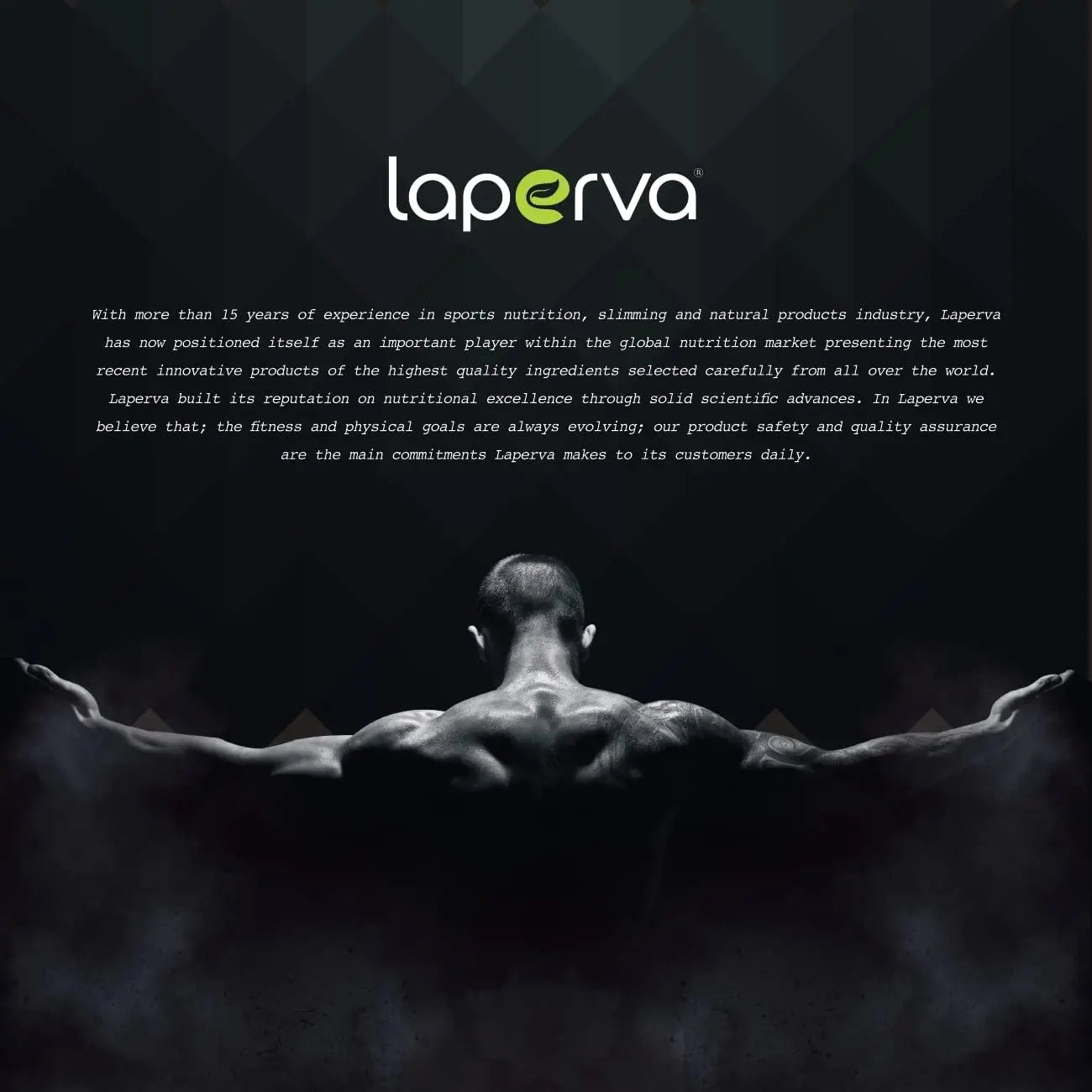 Laperva brand advertisement with a muscular figure on a dark background