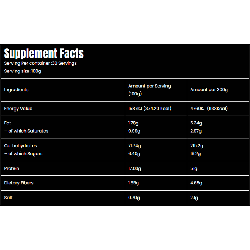 Marvelous Nutrition Big extreme weight gainer and mass gainer 30 servings  back of pack