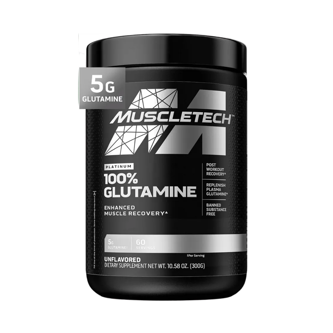 MuscleTech 100% Glutamine supplement container on a white background  60 servings unflavored 