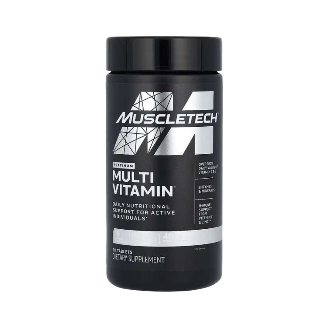 Black supplement container with Muscletech  platinum multi vitamin 90 tablets