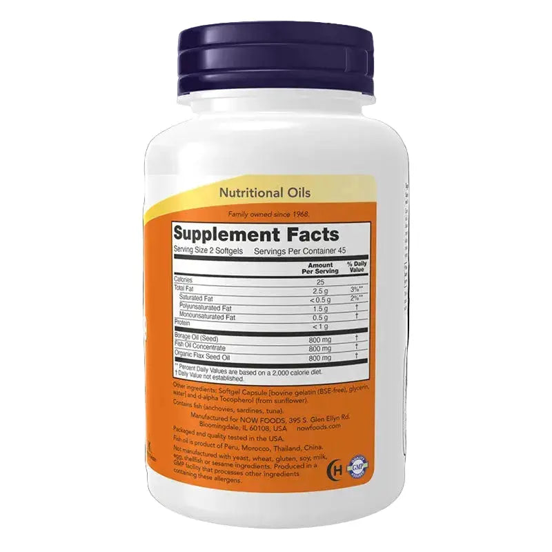 NOW super omega 3 6 9 Fish oil 90 softgels back of pack