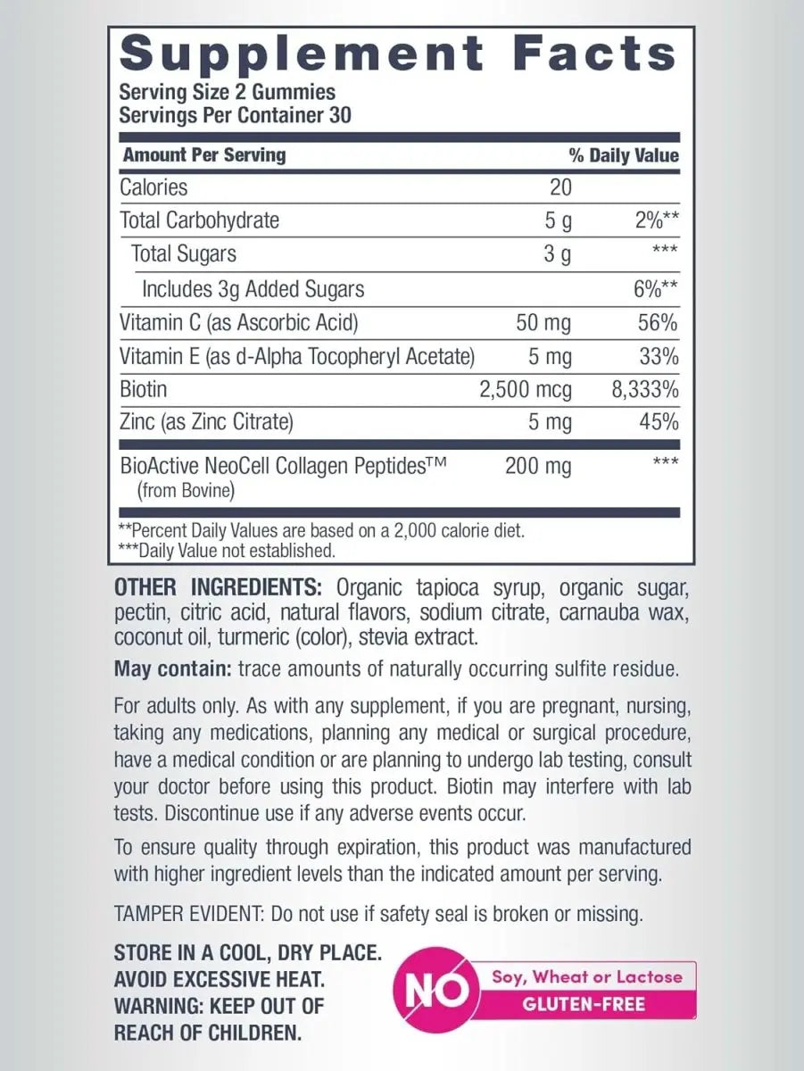NeoCell Hair Skin and Nails Gummies + Collagen Peptides Plus Biotin, 60 Gummies - KleanSource