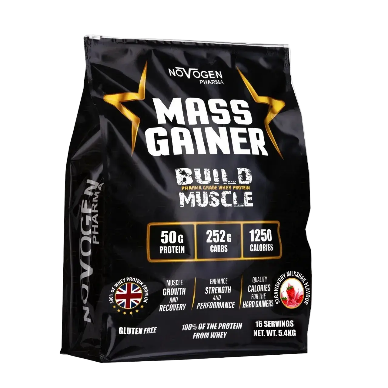 Novogen Mass Gainer Protein Powder 5.4kg Muscle Growth Formula vanilla marketing strawberry