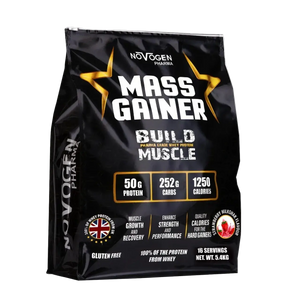 Novogen Mass Gainer Protein Powder 5.4kg Muscle Growth Formula vanilla marketing strawberry