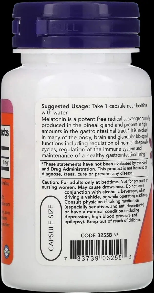 NOW foods Melatonin 3mg, Natural sleep support - 60 Veg Capsules - KleanSource