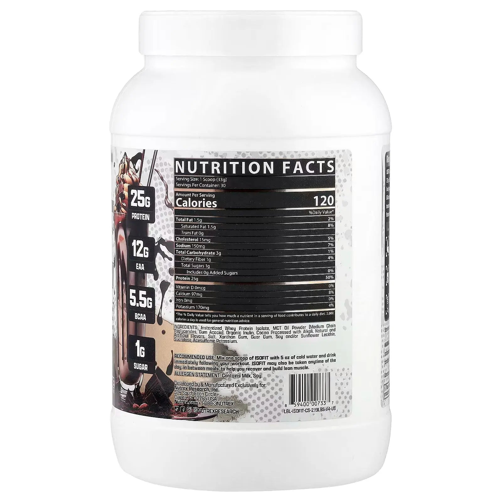 Nutrex IsoFit Protein container with chocolate shake flavor  back of pack