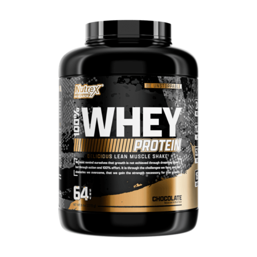 Nutrex Whey Protein supplement container on a transparent background