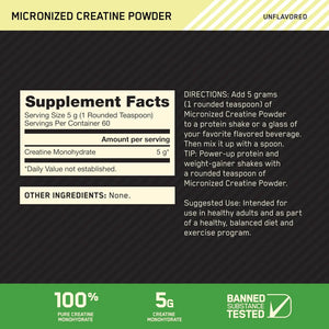 Optimum Nutrition Micronized Creatine Monohydrate Powder, 5g (300g), 60 Servings - KleanSource