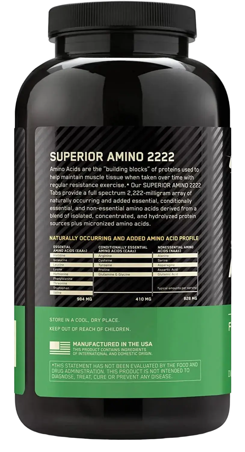 Optimum Nutrition Superior Amino 2222 Energy & Muscle Recovery Support, 160 tablets back of pack