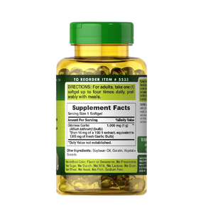 Purtains-Pride-odorless garlic extract 1000mg, 100 sofgels back of pack