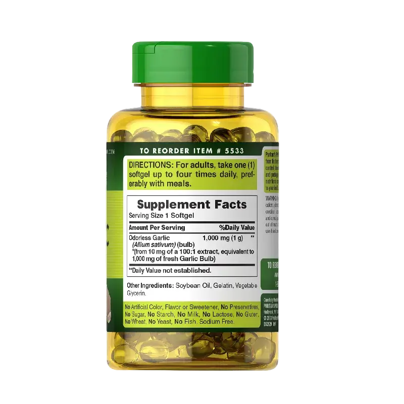 Purtains-Pride-odorless garlic extract 1000mg, 100 sofgels back of pack