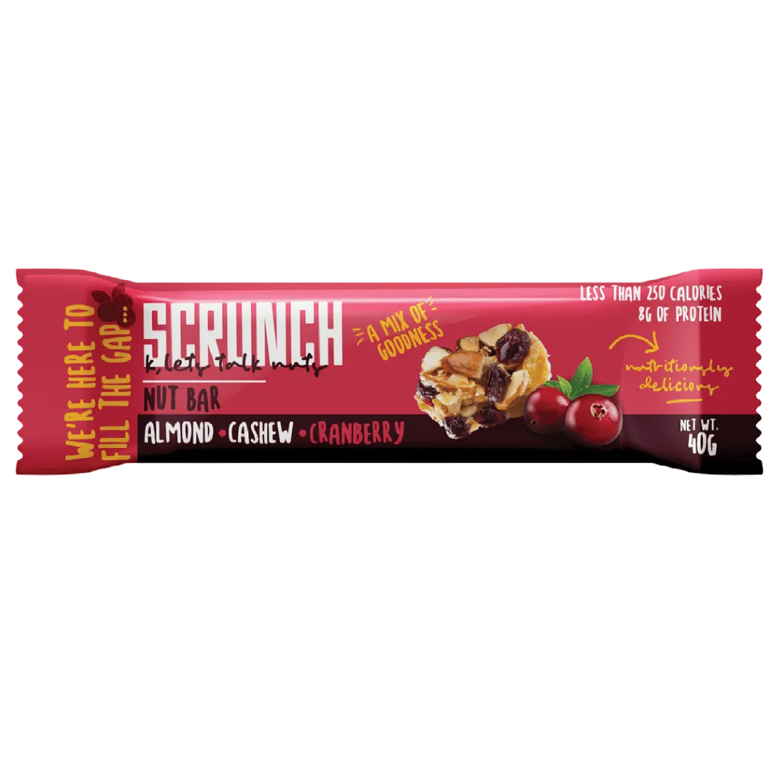 Scrunch nut bar with almond cashew and cranberry flavor 8g protein 