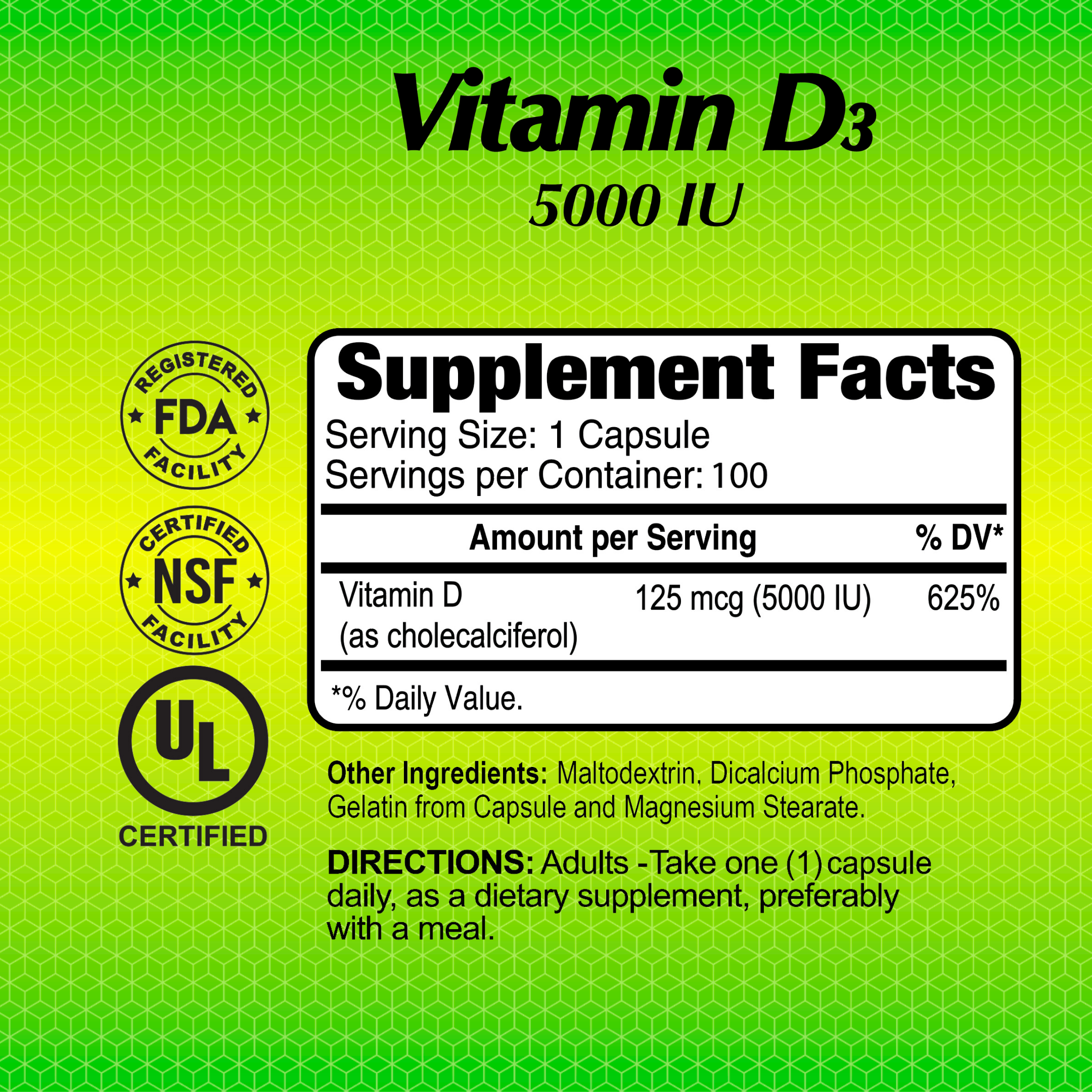 Alfa Vitamins Vitamin D3 5000 IU Dietary Supplement 100 Capsules