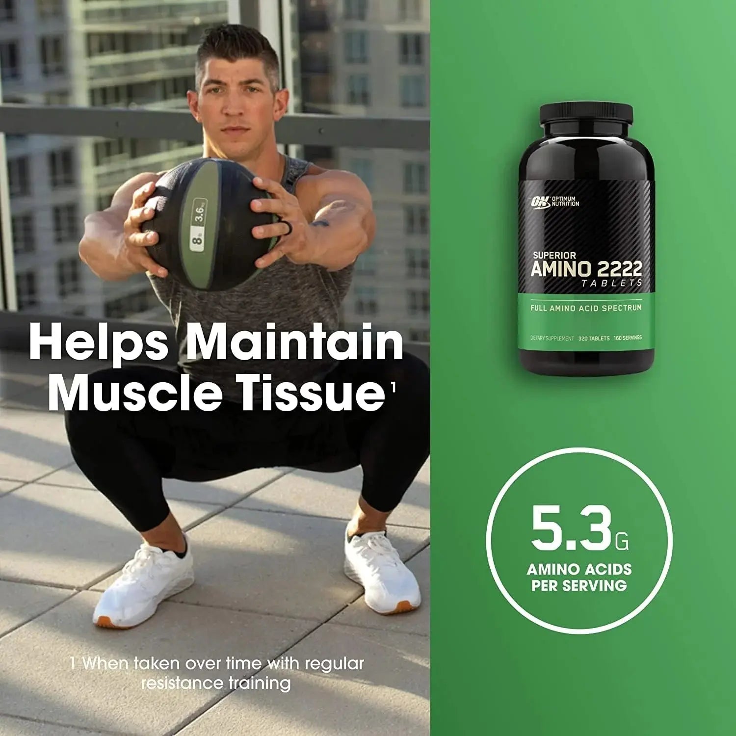 Man exercising outdoors with a supplement bottle labeled 'Superior Amino 2222' on a green background.