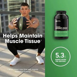 Man exercising outdoors with a supplement bottle labeled 'Superior Amino 2222' on a green background.